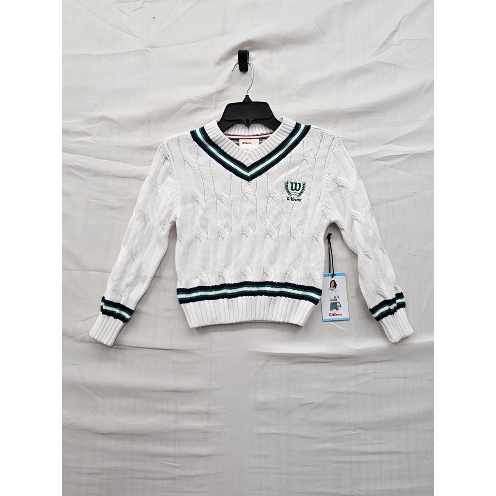 Wilson Girls V-Neck Cable Knit Pullover Sweater White Cotton Blend Casual Size S